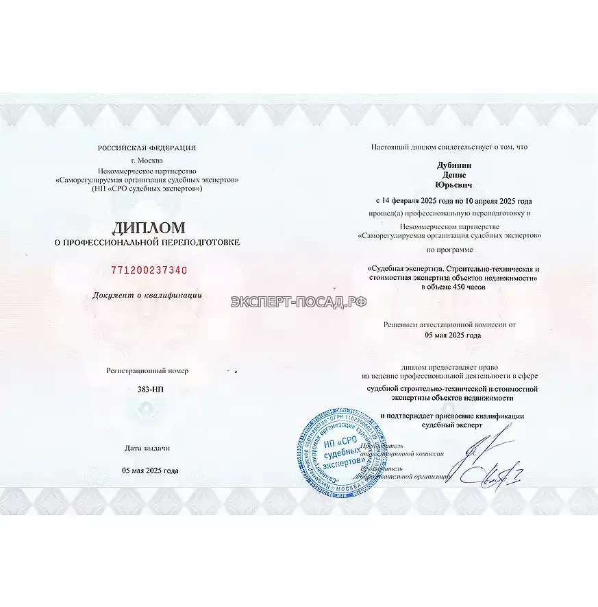 Диплом о профессиональной переподготовке Дубинин Денис Юрьевич